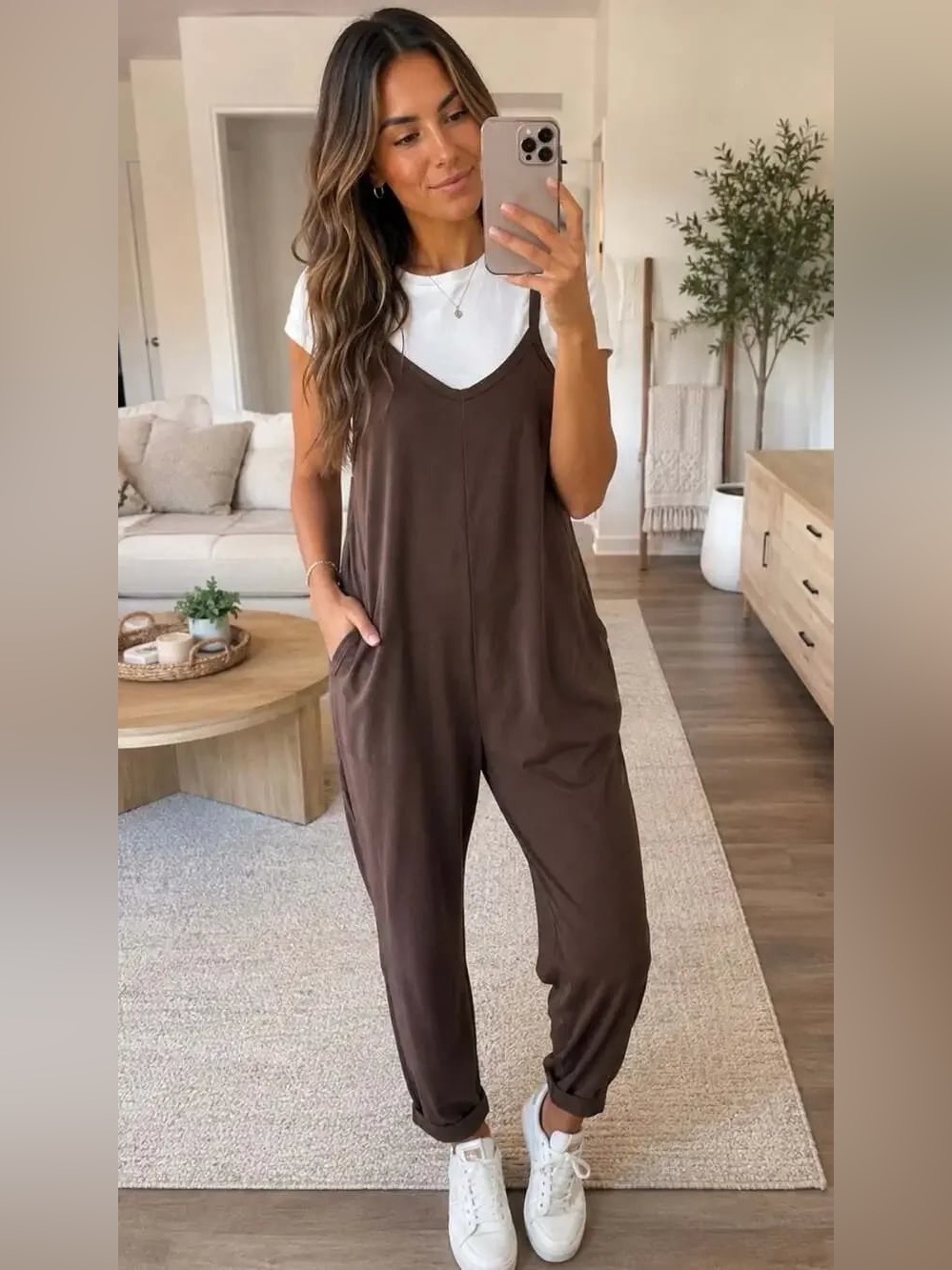 Sundry Women's Spaghetti Strap Jumpsuit Overalls with Pockets Brown NWT Size L